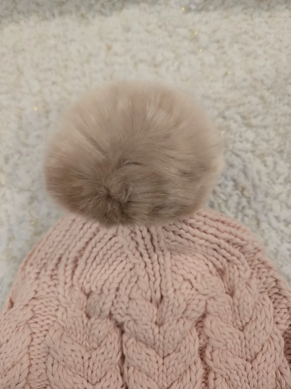 Love Your Melon Blush Pink Cable Knit Beanie with Faux Fur Pom
